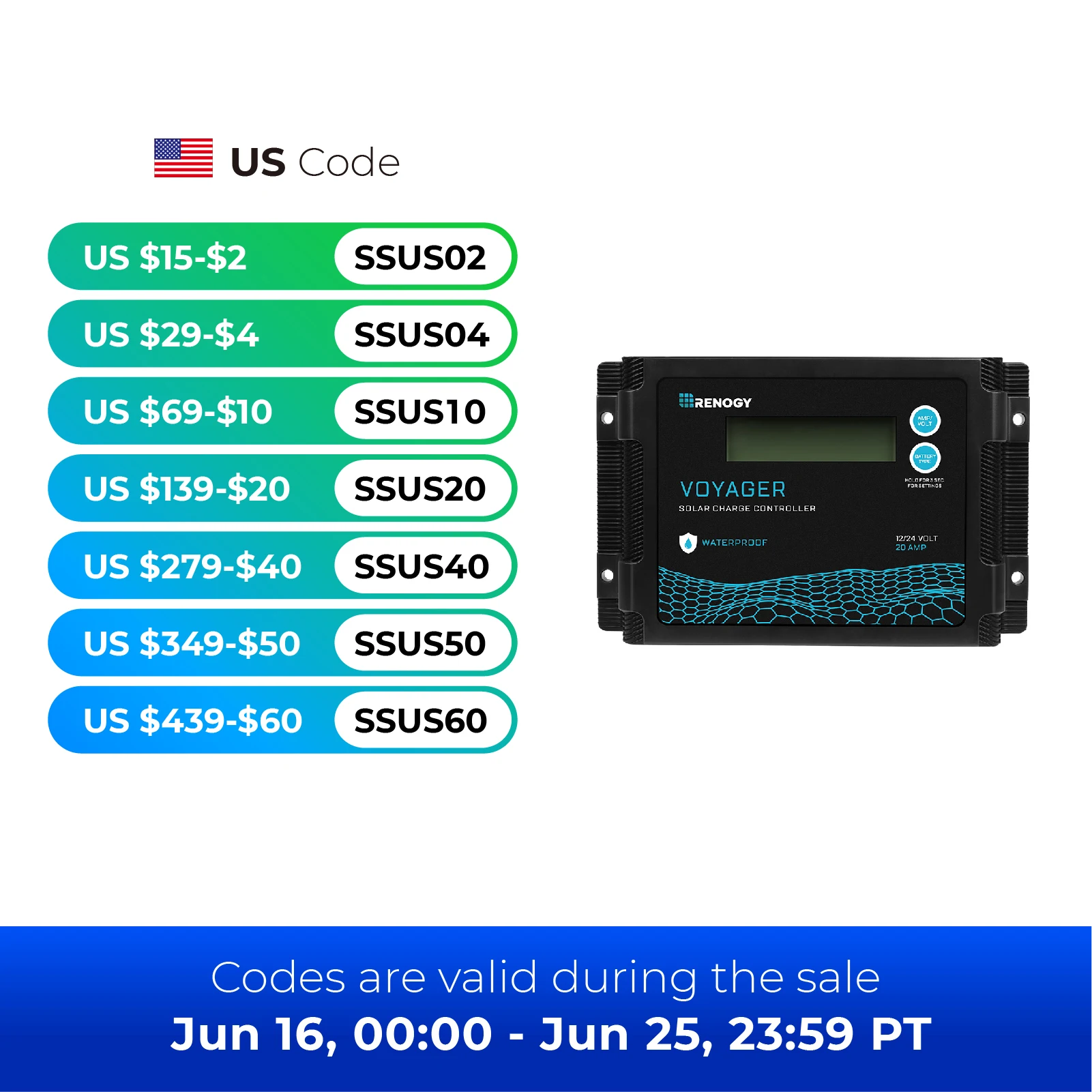 Renogy Voyager 20A 12V/24V PWM Waterproof Solar Charge Controller w/ LCD Display for AGM, Gel, Flooded and Lithium Battery,
Renogy Voyager 20A 12V/24V PWM Waterproof Solar Charge Controller w/ LCD Display for AGM, Gel, Flooded and Lithium Battery,