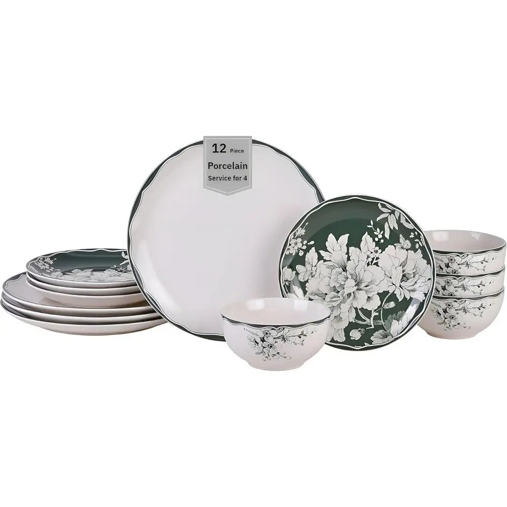 12-Piece Porcelain Dinnerware Set or 4, White & Sage Green Plates and Bowls Set, Glossy Ceic Dish Set with Detailed loral Design
12-Piece Porcelain Dinnerware Set or 4, White & Sage Green Plates and Bowls Set, Glossy Ceic Dish Set with Detailed loral Design