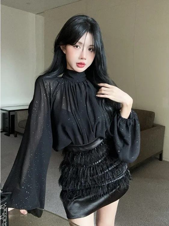 Elegant Bubble Sleeve Sequin Shiny Chiffon Blouse Waist Cinched Tassel Short Skirt Set Fashionable Autumn Wear for Women
Elegant Bubble Sleeve Sequin Shiny Chiffon Blouse Waist Cinched Tassel Short Skirt Set Fashionable Autumn Wear for Women