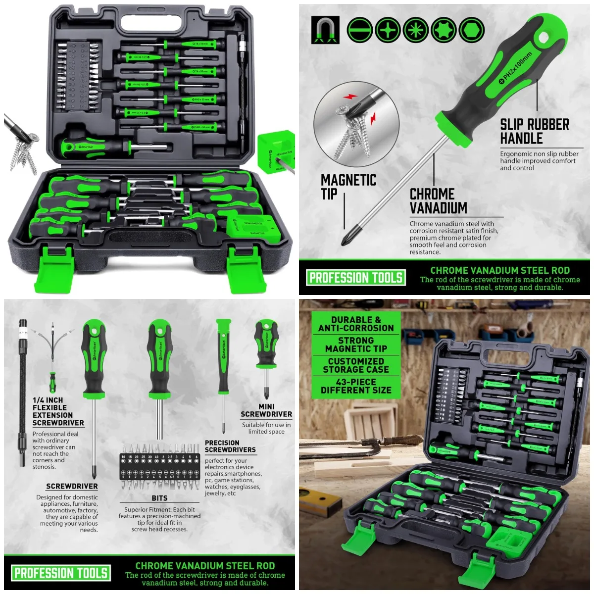 Magnetic Screwdriver Set, 43-Piece with Case, Includes Slotted, Phillips, Hex, Pozidriv, Torx - Green
Magnetic Screwdriver Set, 43-Piece with Case, Includes Slotted, Phillips, Hex, Pozidriv, Torx - Green