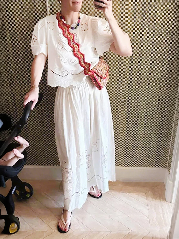 Spring 2026 New Lady Style White Floral Hollow Window Grid Short Sleeve Long Half Skirt Set Women's Fashion Cotton Linen Suit
Spring 2026 New Lady Style White Floral Hollow Window Grid Short Sleeve Long Half Skirt Set Women's Fashion Cotton Linen Suit