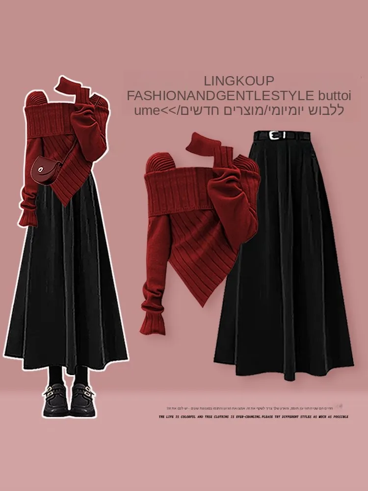 Elegant Red One-Shoulder Knitted Sweater And Slimming Skirt Two-Piece Set for Women Autumn Winter Fashion plus Size
Elegant Red One-Shoulder Knitted Sweater And Slimming Skirt Two-Piece Set for Women Autumn Winter Fashion plus Size