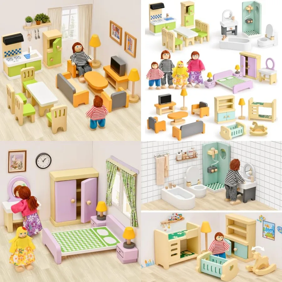 Wooden Dollhouse Furniture Set, PCS Miniature Doll House Accessories with 5 Room and 4 Flexible Family Dolls, Pretend Play Toys
Wooden Dollhouse Furniture Set, PCS Miniature Doll House Accessories with 5 Room and 4 Flexible Family Dolls, Pretend Play Toys