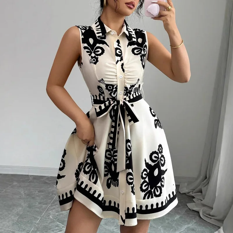 Sexy Sleeveless Hollow Lapel Lace Up Dress Women Casual Single Breasted Dresses Elegant High Waisted Pattern Printed Short Dress
Sexy Sleeveless Hollow Lapel Lace Up Dress Women Casual Single Breasted Dresses Elegant High Waisted Pattern Printed Short Dress