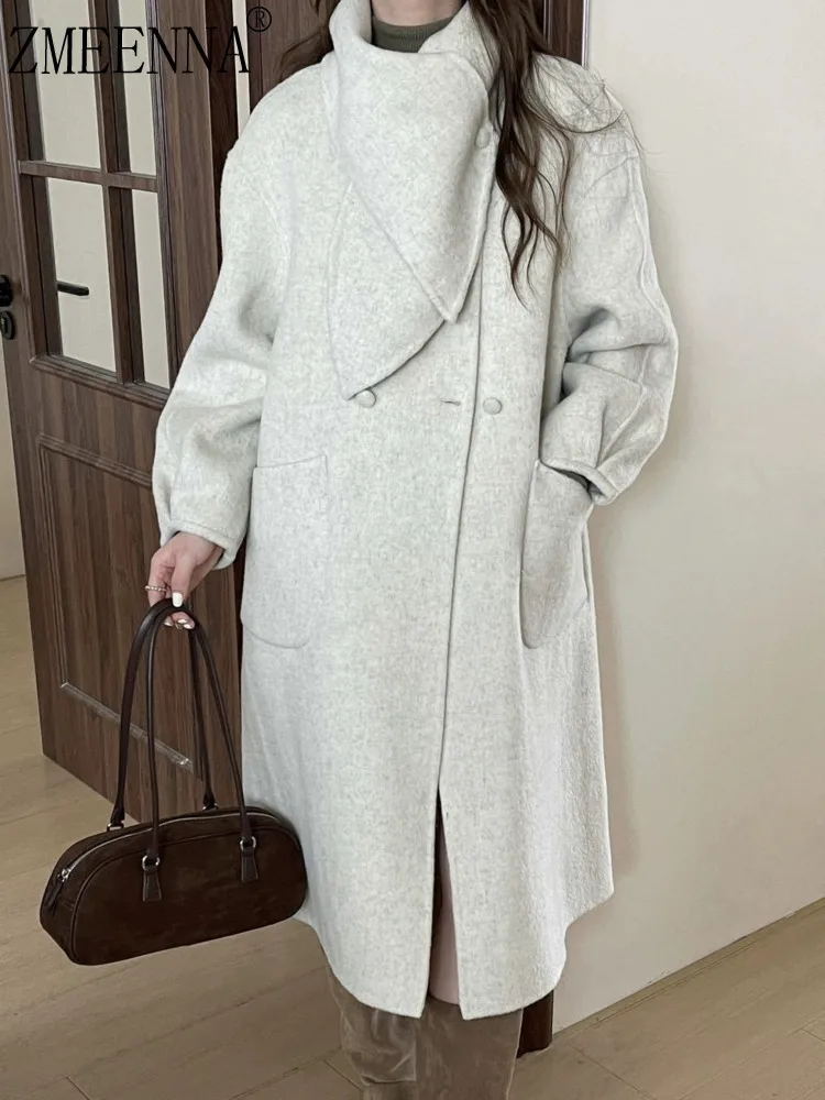 ZMEENNA женское элегантное полушерстяное длинное пальто большого размера с шалью и воротником, однобортные карманы, зимняя верхняя одежда ZM4231