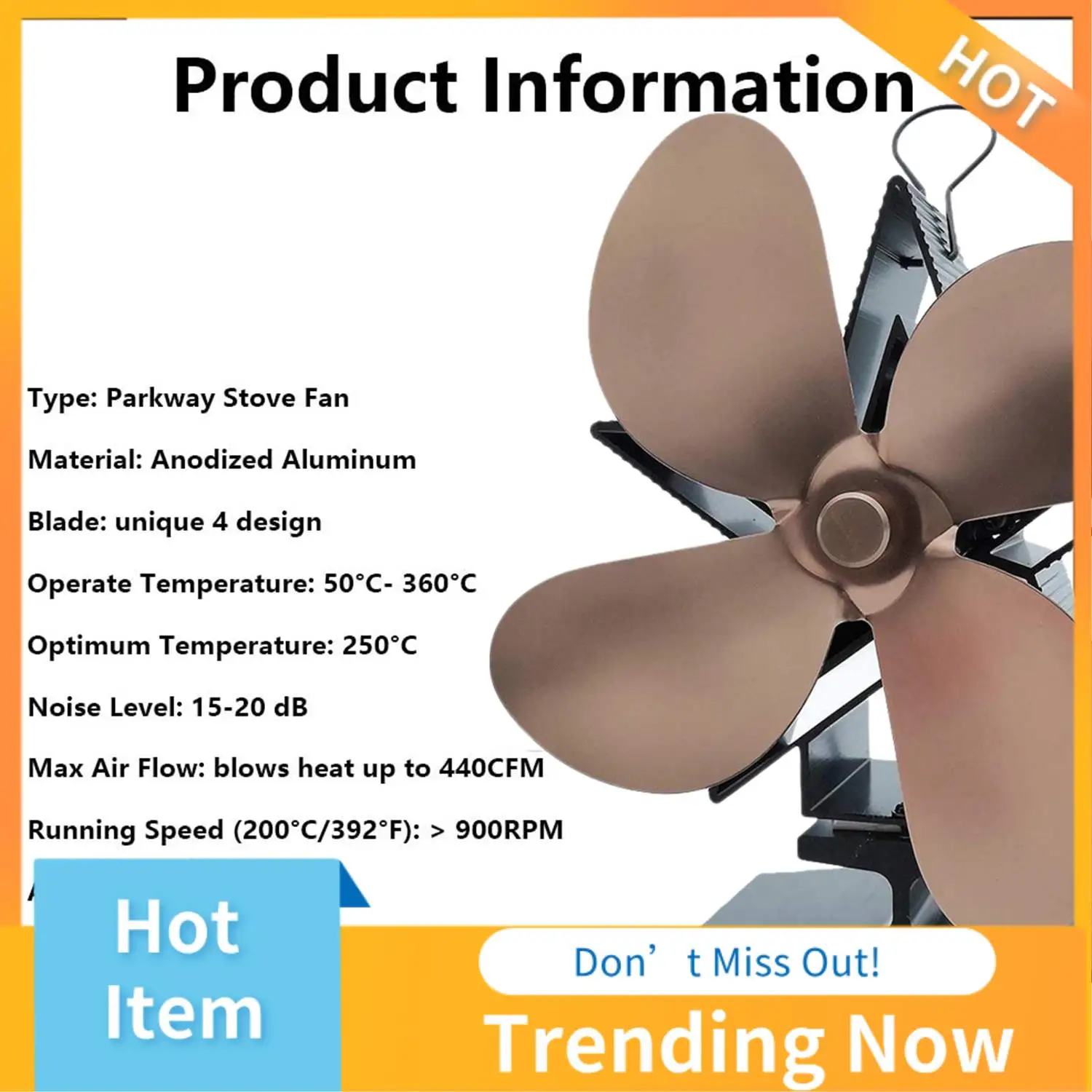 BBNV-Fireplace Fan 4-Blade, Hot Blast Stove Cooling Fan For Wood Burners, Ultra-Quiet And Environmentally Friendly
BBNV-Fireplace Fan 4-Blade, Hot Blast Stove Cooling Fan For Wood Burners, Ultra-Quiet And Environmentally Friendly