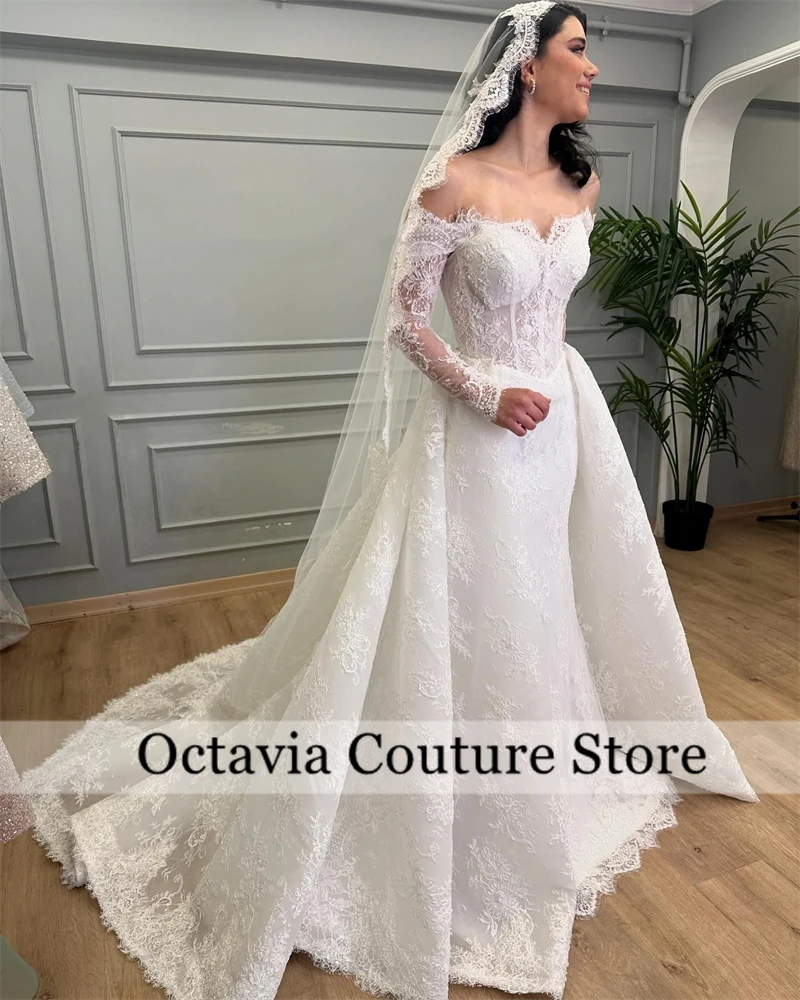 White Lace Wedding Dresses Long Sleeve Off The Shoulder Formal Gowns Detachable Train Mermaid Party Dress Customized
White Lace Wedding Dresses Long Sleeve Off The Shoulder Formal Gowns Detachable Train Mermaid Party Dress Customized