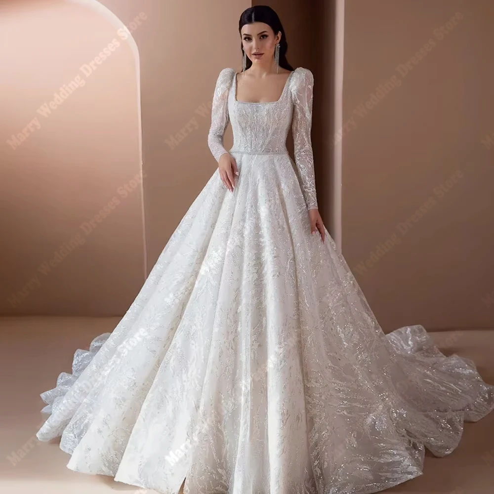 Elegant A-Line Tulle Wedding Dresses Luxurious Lace Long Sleeves Lace Decal Bridal Gowns Princess Vestidos De Noivas Customized 
Elegant A-Line Tulle Wedding Dresses Luxurious Lace Long Sleeves Lace Decal Bridal Gowns Princess Vestidos De Noivas Customized