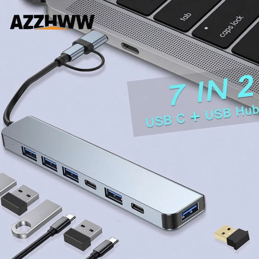 7-IN-2 USB-C & USB Hub With USB 3.0, USB 2.0 Ports Extender Splitter for PC Laptops MacBook Pro Air iMac iPad and More Devices
7-IN-2 USB-C & USB Hub With USB 3.0, USB 2.0 Ports Extender Splitter for PC Laptops MacBook Pro Air iMac iPad and More Devices