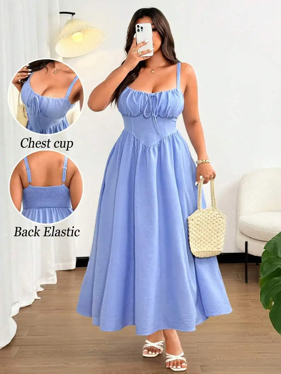 Women's Plus Size Light Blue Spaghetti Strap Maxi Dress with Chest Tie, Shirred Back Elastic, Cinched Waist
Women's Plus Size Light Blue Spaghetti Strap Maxi Dress with Chest Tie, Shirred Back Elastic, Cinched Waist