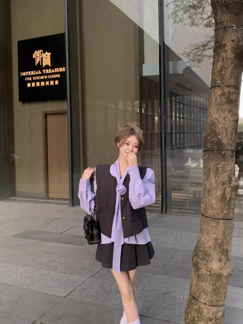 Korean Chic New Women 3 Piece Sets Purple Long Sleeve Shirt + Vest Tops + High Waist A Line Pleated Mini Skirt Outfits Female
Korean Chic New Women 3 Piece Sets Purple Long Sleeve Shirt + Vest Tops + High Waist A Line Pleated Mini Skirt Outfits Female