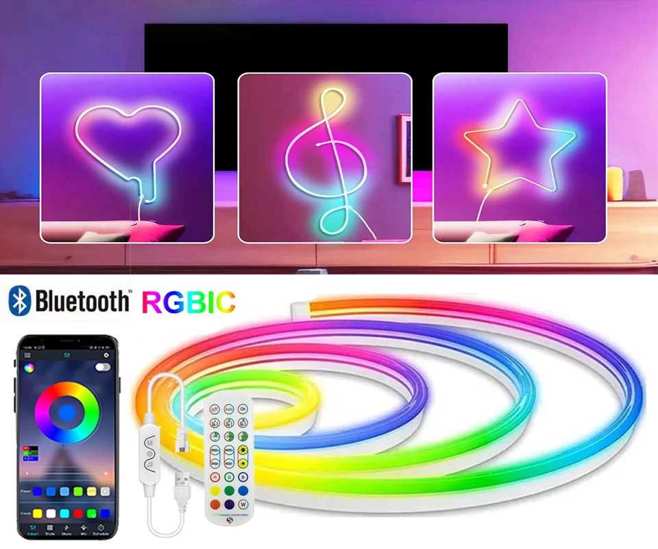 RGBIC Bluetooth Neon Led Strip Lights 5V Neon Strip Light 1M 2M Waterproof Flexible Ribbon Led Tape for Room Wall Decor Strip
RGBIC Bluetooth Neon Led Strip Lights 5V Neon Strip Light 1M 2M Waterproof Flexible Ribbon Led Tape for Room Wall Decor Strip