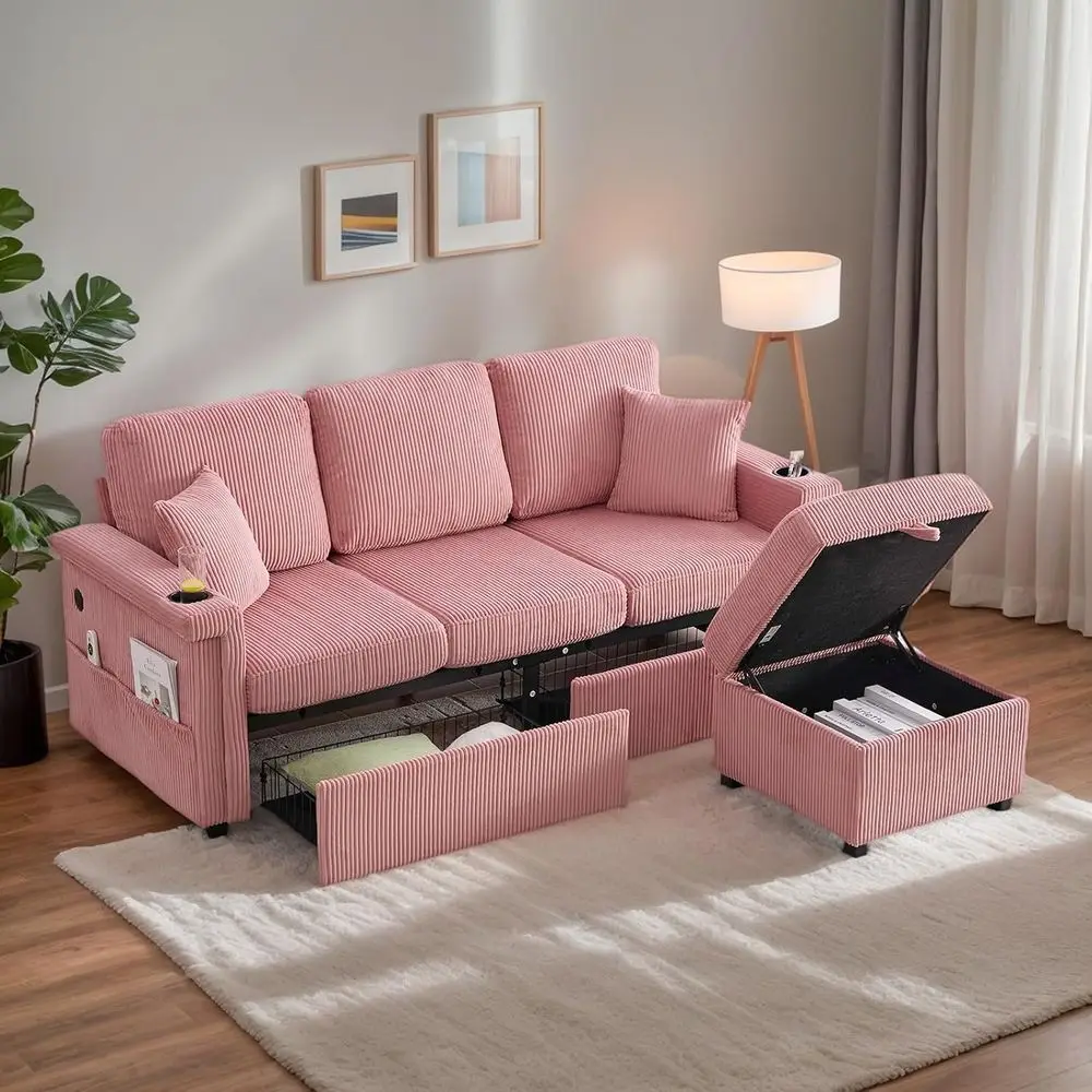 L-Shaped Sectional Sofa with Storage Ottoman, 3-Seater Corduroy Couch, USB, Cup Holder, LED Light, Pink, 76.38
L-Shaped Sectional Sofa with Storage Ottoman, 3-Seater Corduroy Couch, USB, Cup Holder, LED Light, Pink, 76.38