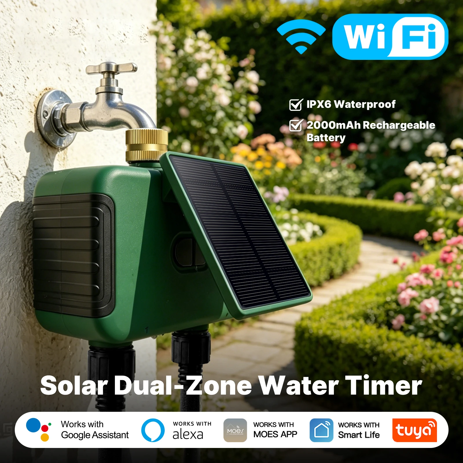 Tuya WiFi Smart Solar Dual Zone Water Sprinkler Timer 2 Outlet Valve Controller APP Remote Voice Support Alexa Google Home
Tuya WiFi Smart Solar Dual Zone Water Sprinkler Timer 2 Outlet Valve Controller APP Remote Voice Support Alexa Google Home