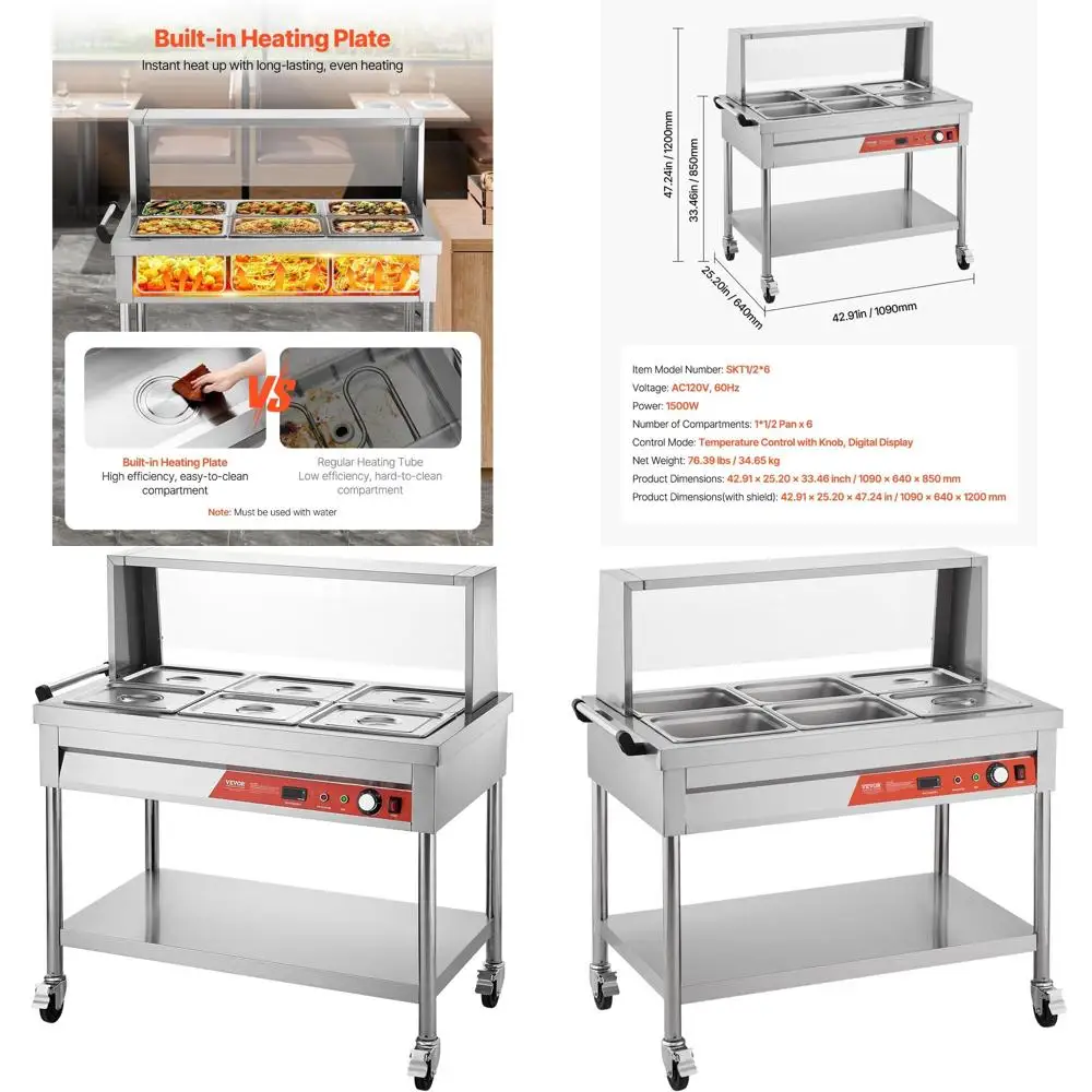 6-Pan Commercial ood Warmer, 6 x 1/2 Pans Electric Steam Table, 1500W Proional Buet Catering ood Warmer with Shield Undershel Wh
6-Pan Commercial ood Warmer, 6 x 1/2 Pans Electric Steam Table, 1500W Proional Buet Catering ood Warmer with Shield Undershel Wh