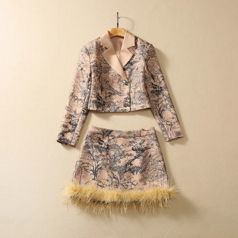 European and American women's clothing 2023 autumn new Long-sleeved double-breasted jacket Feather skirt Fashion suit XXL
European and American women's clothing 2023 autumn new Long-sleeved double-breasted jacket Feather skirt Fashion suit XXL