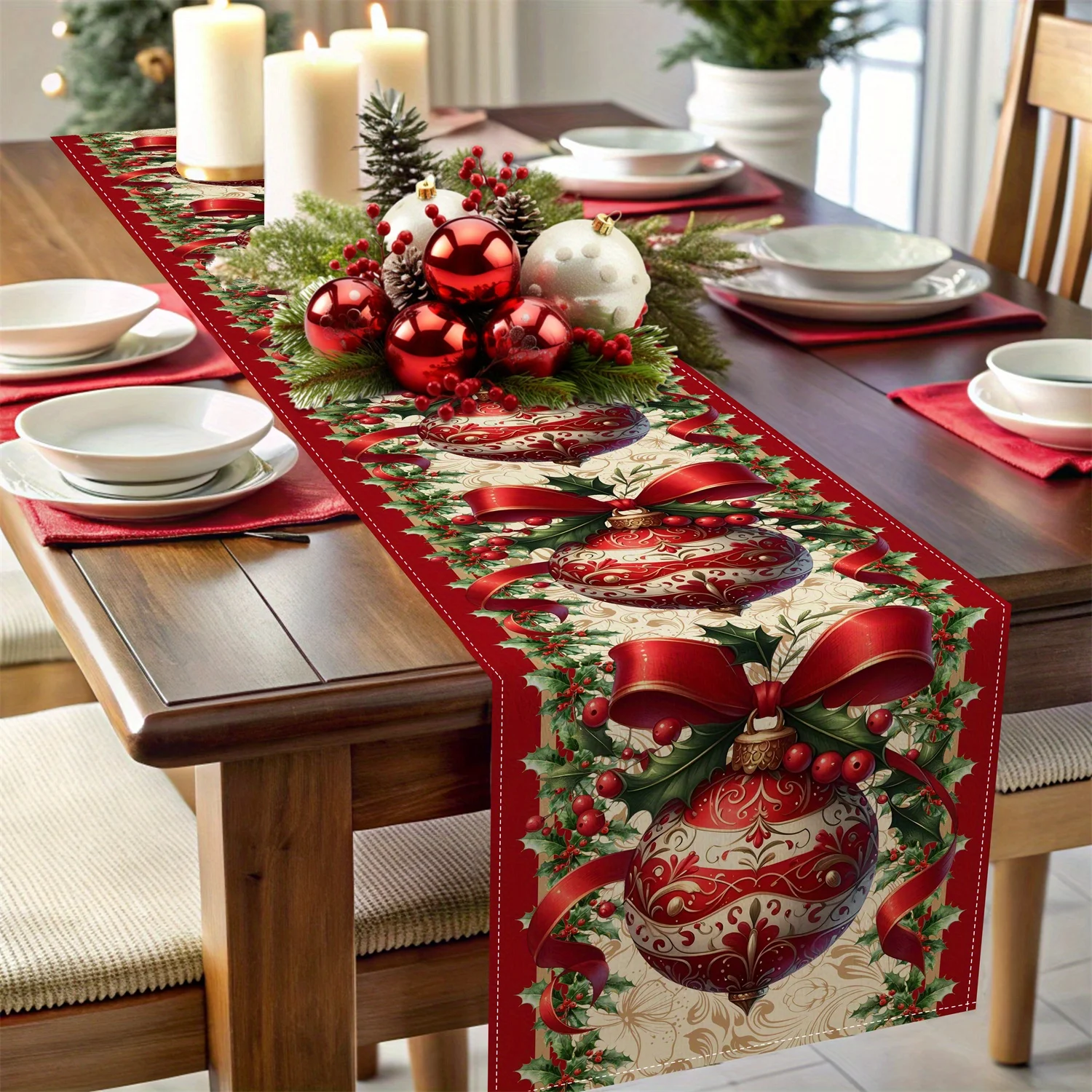 Christmas Table Runner with Holly Leaf & Berry Pattern + Decorative Bow - Winter Holiday Decor for Kitchen Dining Tables,
Christmas Table Runner with Holly Leaf & Berry Pattern + Decorative Bow - Winter Holiday Decor for Kitchen Dining Tables,