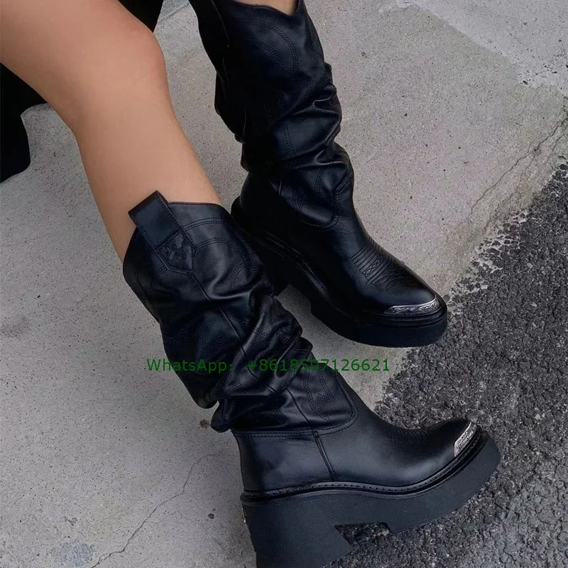 Black Round Toe Thick Heel Embroidered Knight Boots For Women Pleated Mid-High Calf Shoes
Black Round Toe Thick Heel Embroidered Knight Boots For Women Pleated Mid-High Calf Shoes