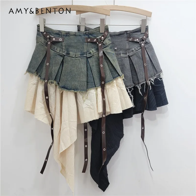 Retro Spliced Denim Pleated Skirt Elegant Hot Girl Stylish High Waist Slimming A Line Mini Skirt Versatile Ladies Short Skirts
Retro Spliced Denim Pleated Skirt Elegant Hot Girl Stylish High Waist Slimming A Line Mini Skirt Versatile Ladies Short Skirts