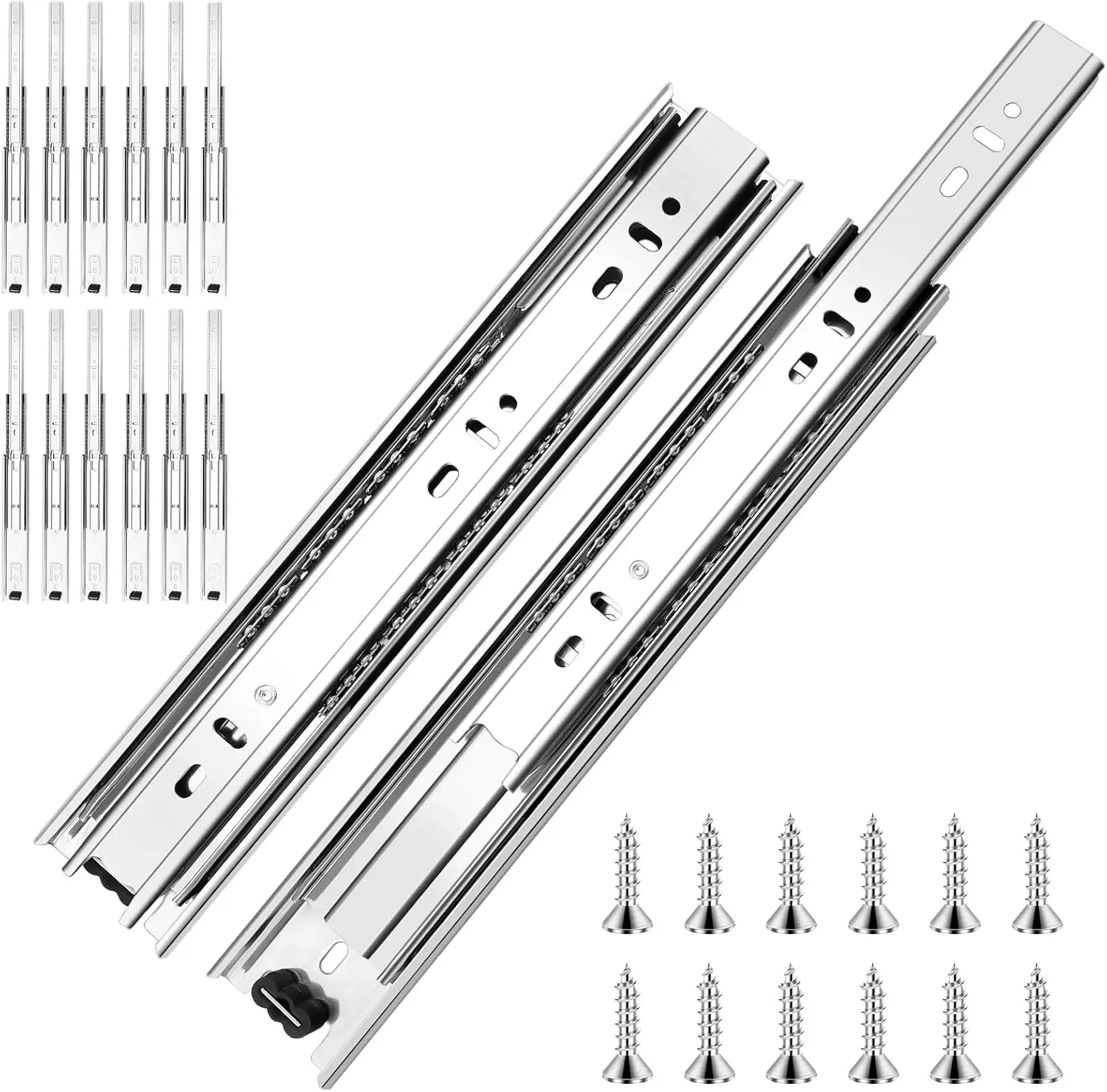 12 inch Ball Bearing Drawer Slides 6 Pairs (12pcs) - 100LB Capacity, Full Extension Side Mount for Kitchen Cabinets, Office
12 inch Ball Bearing Drawer Slides 6 Pairs (12pcs) - 100LB Capacity, Full Extension Side Mount for Kitchen Cabinets, Office