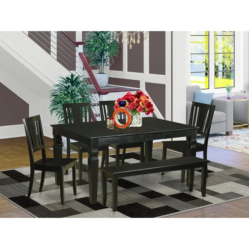 6 Piece Dining Room Set, Rectangle Wooden Table with Butterfly Leaf, 4 Dininer Chairs and A Bench, 42x60 Inch Dining Table Set
6 Piece Dining Room Set, Rectangle Wooden Table with Butterfly Leaf, 4 Dininer Chairs and A Bench, 42x60 Inch Dining Table Set