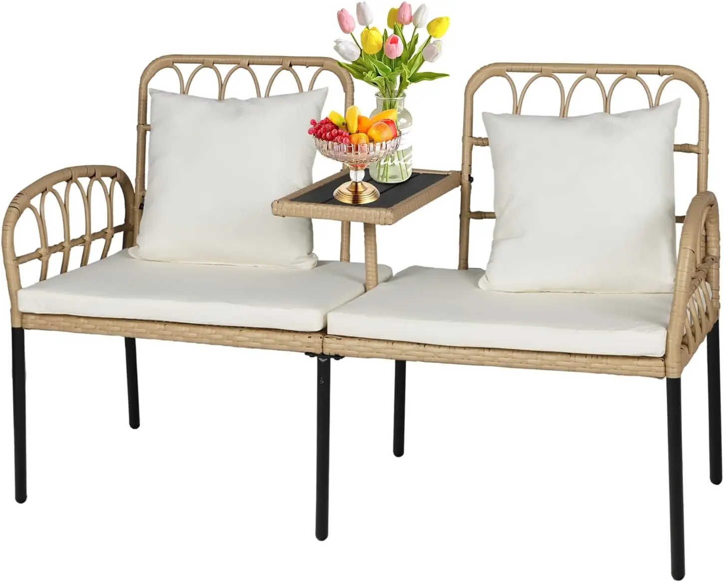 Outdoor Loveseat Rattan with Built-in Table,2 Seats Patio Bench with Cushions and Lumbar Pillows, Small Patio Couch for Backyard
Outdoor Loveseat Rattan with Built-in Table,2 Seats Patio Bench with Cushions and Lumbar Pillows, Small Patio Couch for Backyard
