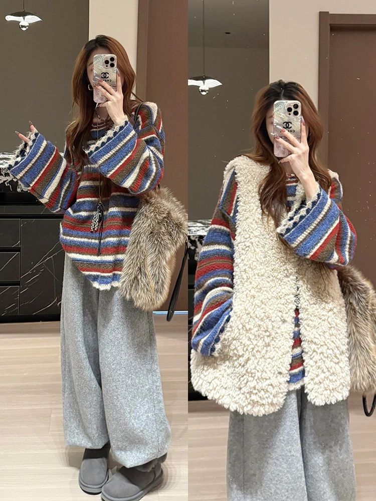 Spring New plus Size Lazy Style Furry Vest Striped Sweater Casual Pants Three Piece Set Warm Cozy High Waist Loose Fit Women
Spring New plus Size Lazy Style Furry Vest Striped Sweater Casual Pants Three Piece Set Warm Cozy High Waist Loose Fit Women
