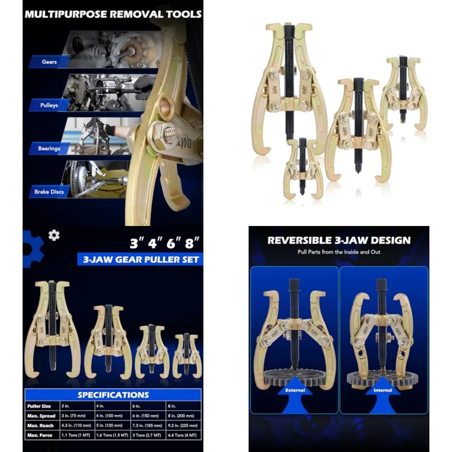 Gear Puller Set, 3 Jaw Puller Kit for Pulley Gear Bearing Flywheel Removal, Heavy Duty Pulley Puller with Reversible Jaws 4 pcs
Gear Puller Set, 3 Jaw Puller Kit for Pulley Gear Bearing Flywheel Removal, Heavy Duty Pulley Puller with Reversible Jaws 4 pcs