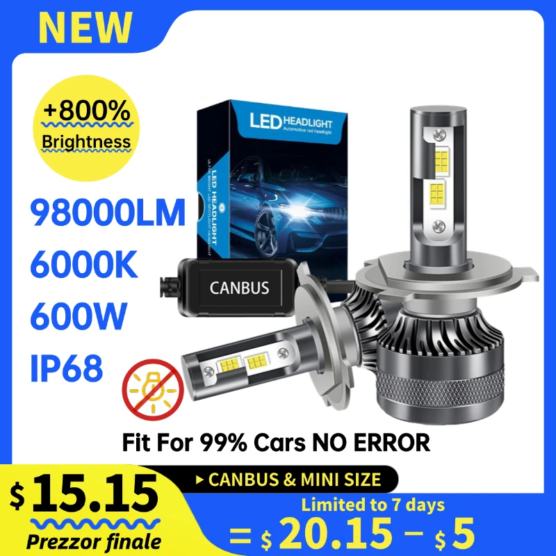 600W 98000LM H4 Canbus LED Headlight Bulbs Car Lights DC9-36V 6000K IP68 High Brightness Headlights Universal 2pcs Plug-and-play
600W 98000LM H4 Canbus LED Headlight Bulbs Car Lights DC9-36V 6000K IP68 High Brightness Headlights Universal 2pcs Plug-and-play