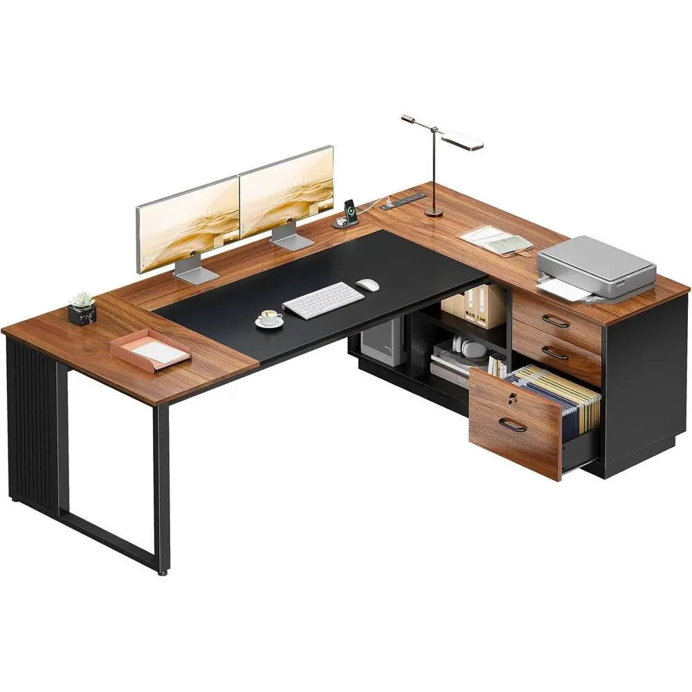 71 Walnut & Black L-Shaped Desk with Drawers, File Cabinet, and Storage Shelves for Home Office
71 Walnut & Black L-Shaped Desk with Drawers, File Cabinet, and Storage Shelves for Home Office