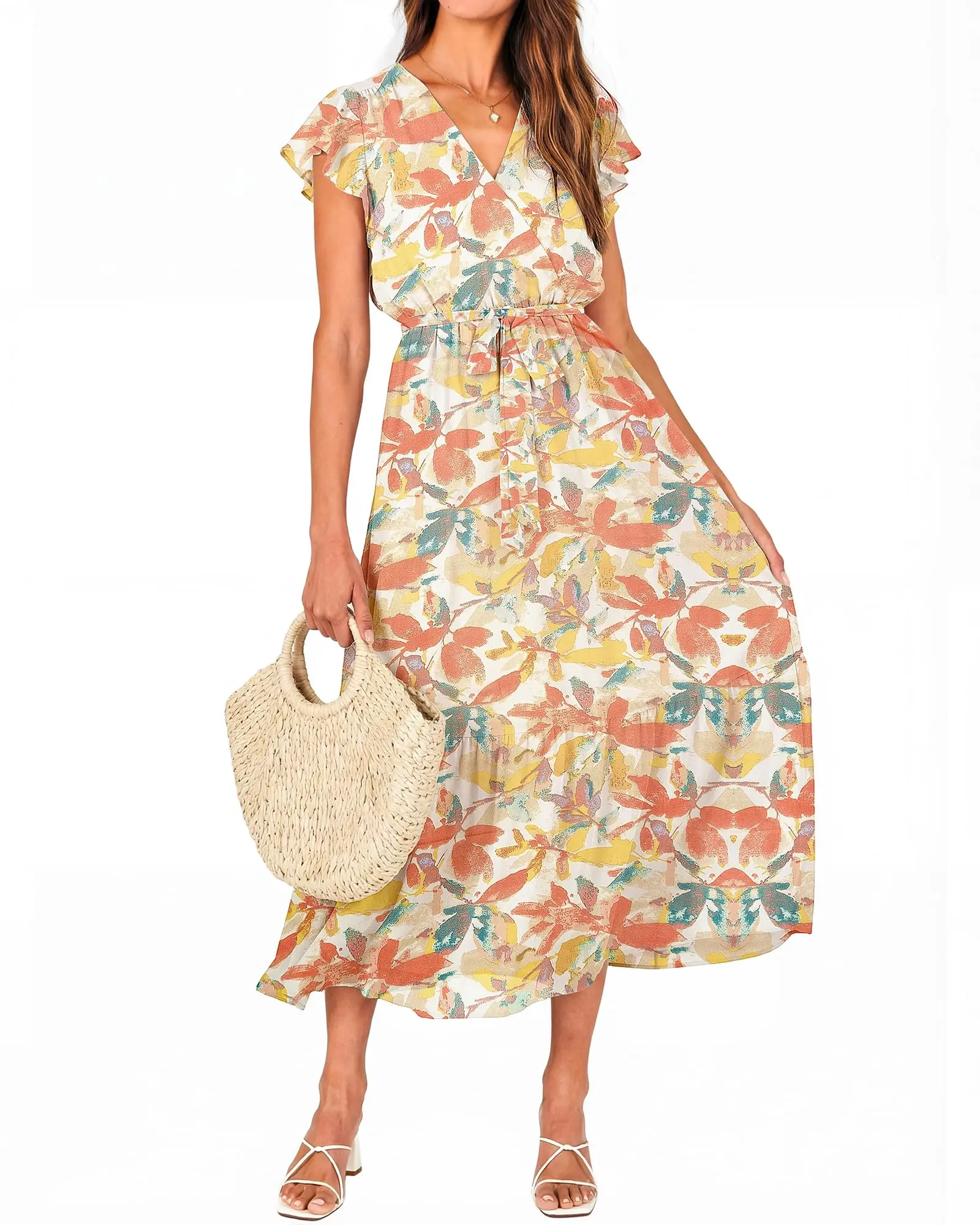 Women Summer Bohemian Floral Casual Wrap V Neck Ruffle Cap Sleeve Belt A-Line Pleated Hem Midi Dress
Women Summer Bohemian Floral Casual Wrap V Neck Ruffle Cap Sleeve Belt A-Line Pleated Hem Midi Dress