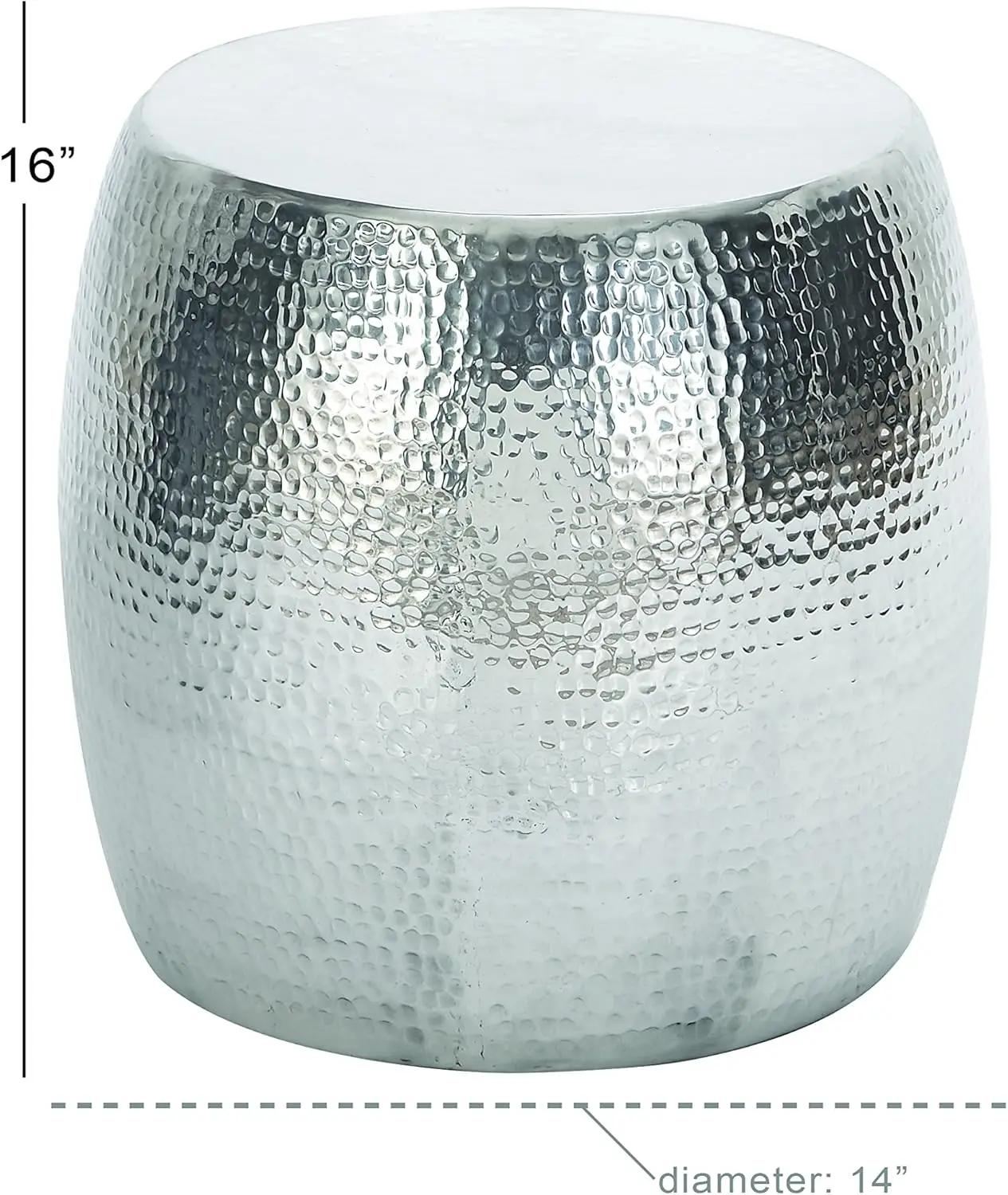 Aluminum Metal Side End Accent Table Drum Shaped End Table With Hammered Design, Side Table 14"" X 14"" X 16"", Silver
Aluminum Metal Side End Accent Table Drum Shaped End Table With Hammered Design, Side Table 14"" X 14"" X 16"", Silver
