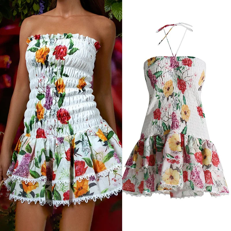Holiday Seaside Vacation Dress Bustling Skirt Mini Dress Women's Neck Hanging Print Halter Sleeveless Backless High Waist Dress
Holiday Seaside Vacation Dress Bustling Skirt Mini Dress Women's Neck Hanging Print Halter Sleeveless Backless High Waist Dress