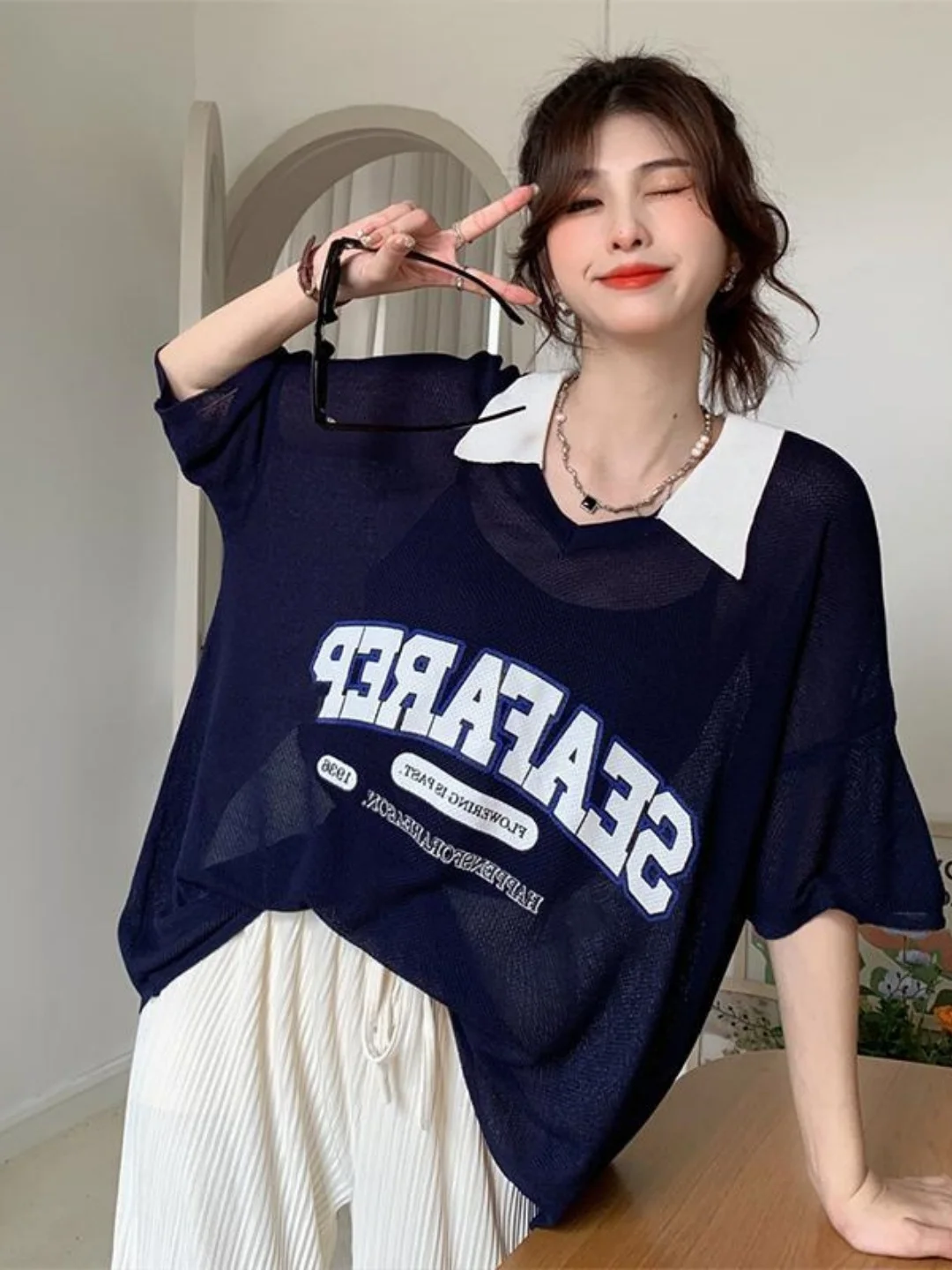 Korean Style Ice Silk Neck Short Sleeve Knitted Shirt Letter Print Large Size Fashionable And Youthful for Women
Korean Style Ice Silk Neck Short Sleeve Knitted Shirt Letter Print Large Size Fashionable And Youthful for Women
