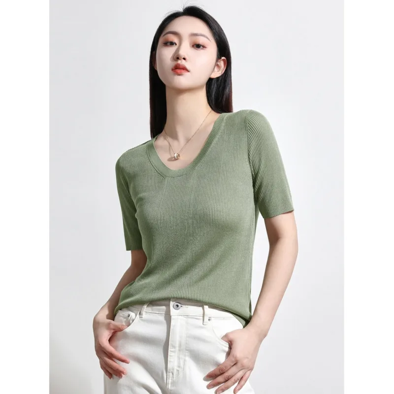 Spring Summer U Neck Short Sleeve Knitted T-shirts Women High Elasticity Slim Solid Color Pullover Tops
Spring Summer U Neck Short Sleeve Knitted T-shirts Women High Elasticity Slim Solid Color Pullover Tops