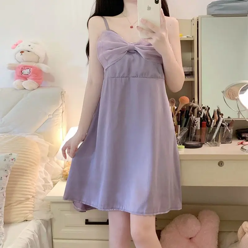 New Nightgown for Women's Summer Ice Silk Suspender Bow Pajamas Home Clothes Sexy Sleepwear Elegant Sets Korean Lady Room Wear
New Nightgown for Women's Summer Ice Silk Suspender Bow Pajamas Home Clothes Sexy Sleepwear Elegant Sets Korean Lady Room Wear