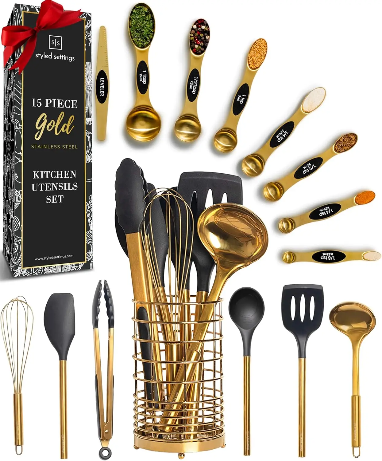 Black Gold Kitchen Utensils Set - 15-Piece Cooking Tools with Silicone Utensils, Holder & Magnetic Spoons
Black Gold Kitchen Utensils Set - 15-Piece Cooking Tools with Silicone Utensils, Holder & Magnetic Spoons