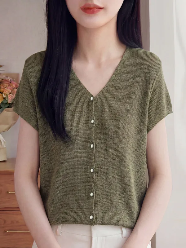Lace V-Neck Short Sleeve T-Shirt Women's Summer Thin Button Cardigan Knitted Top Soft Lyocell Fabric Casual Loose Fit Breathable
Lace V-Neck Short Sleeve T-Shirt Women's Summer Thin Button Cardigan Knitted Top Soft Lyocell Fabric Casual Loose Fit Breathable