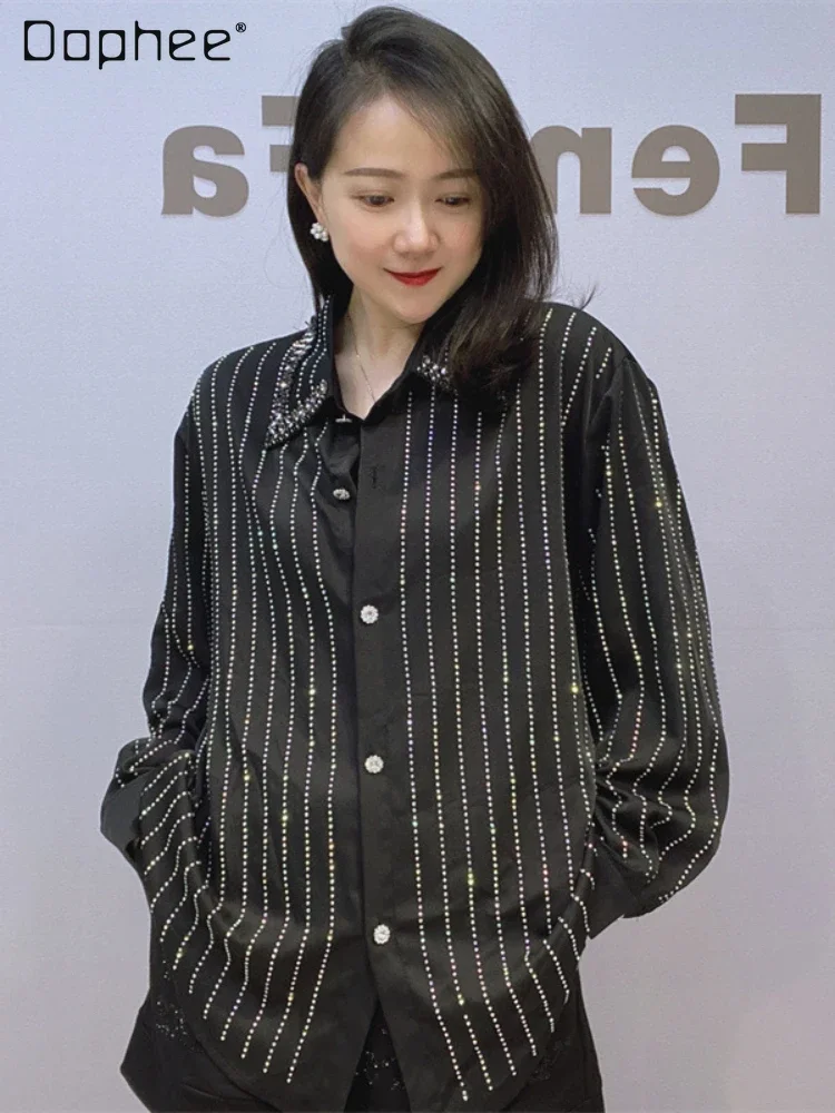 Vintage Stripe Rhinestone Shirt for Women Spring Summer Commute Style Casual Fashionable Temperament Lapel Long Sleeve Blouse 
Vintage Stripe Rhinestone Shirt for Women Spring Summer Commute Style Casual Fashionable Temperament Lapel Long Sleeve Blouse