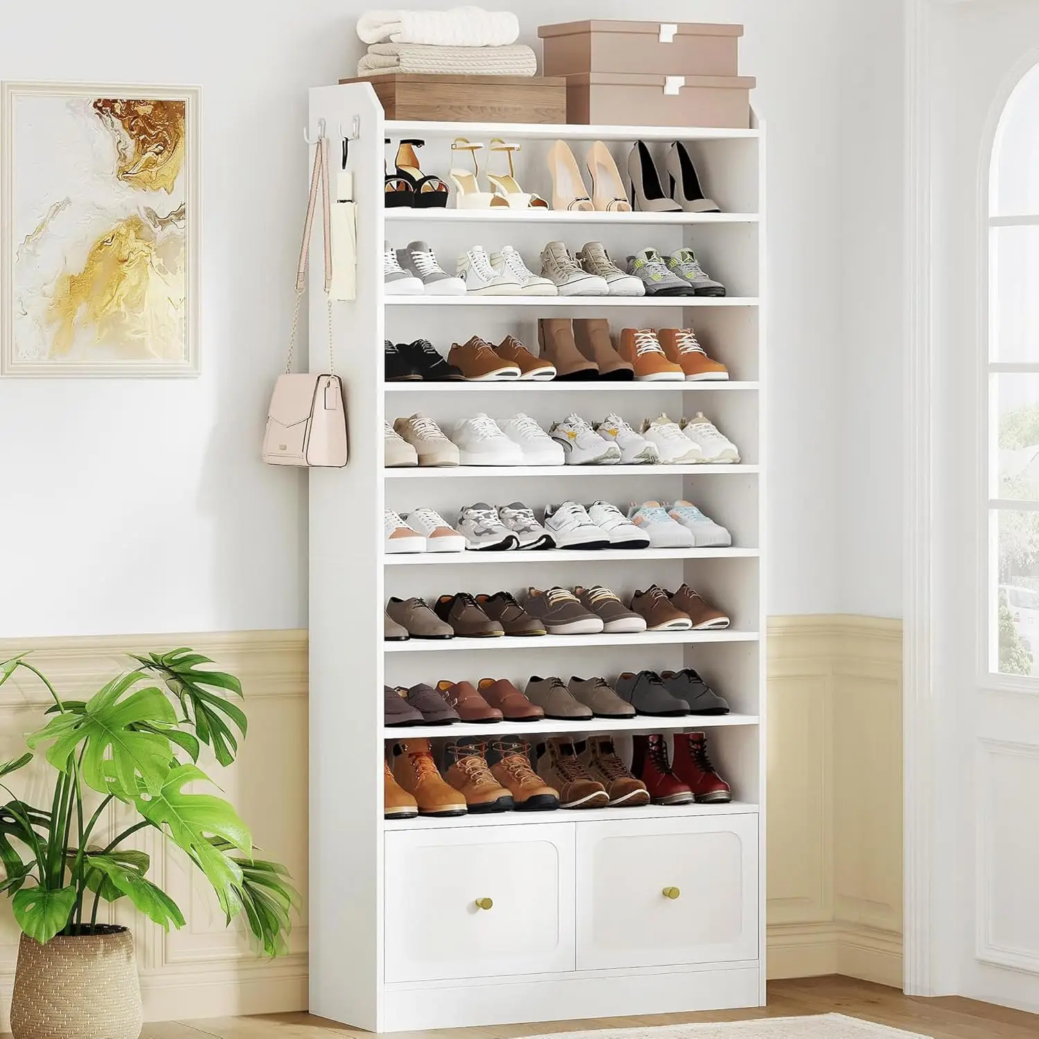 10-Tier Wooden Shoe Storage Cabinet with 2 Drawers & Hooks, Freestanding Organizer for Entryway, Holds 40-45 Pairs, Customized
10-Tier Wooden Shoe Storage Cabinet with 2 Drawers & Hooks, Freestanding Organizer for Entryway, Holds 40-45 Pairs, Customized