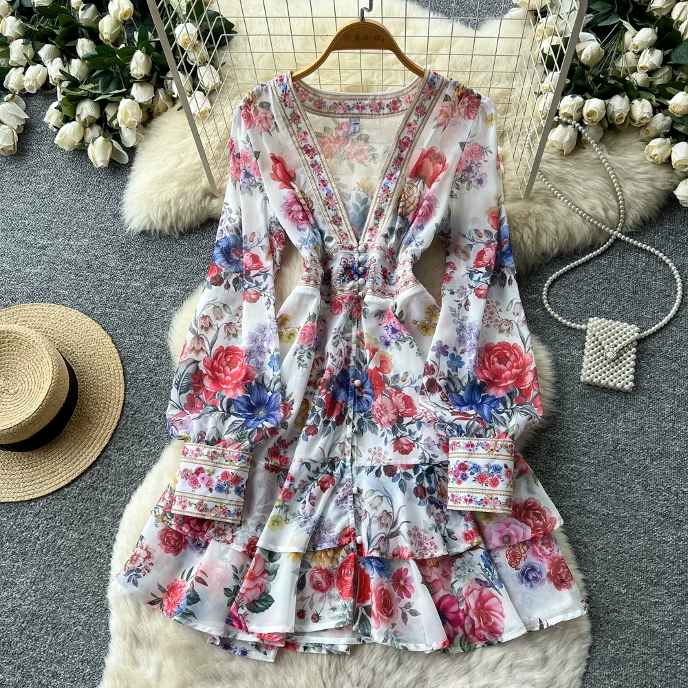Women's Summer Print V-Neck Dress Lantern Sleeve Ruffled High Waist Casual Mini Buttons up Fashion for Vacation
Women's Summer Print V-Neck Dress Lantern Sleeve Ruffled High Waist Casual Mini Buttons up Fashion for Vacation