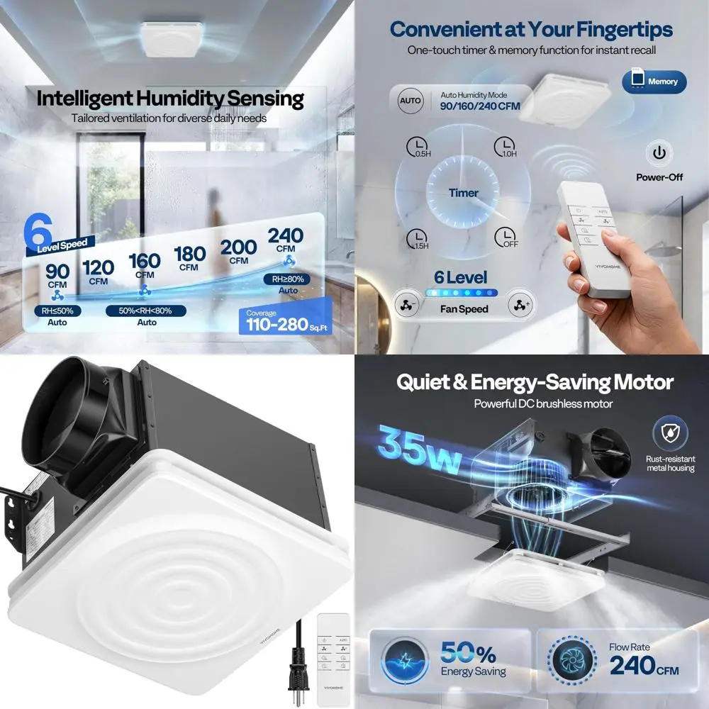 Energy-Efficient 240 CM Exhaust Fan with 6-Speed Remote, 11x12 Inch Retrofit, 6-Inch Duct Kit
Energy-Efficient 240 CM Exhaust Fan with 6-Speed Remote, 11x12 Inch Retrofit, 6-Inch Duct Kit