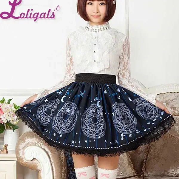 Women's Cute Circle Skirt Deep Blue Star and Moon Printed Short Mori Girl Skirt with Lace Trimming
Women's Cute Circle Skirt Deep Blue Star and Moon Printed Short Mori Girl Skirt with Lace Trimming