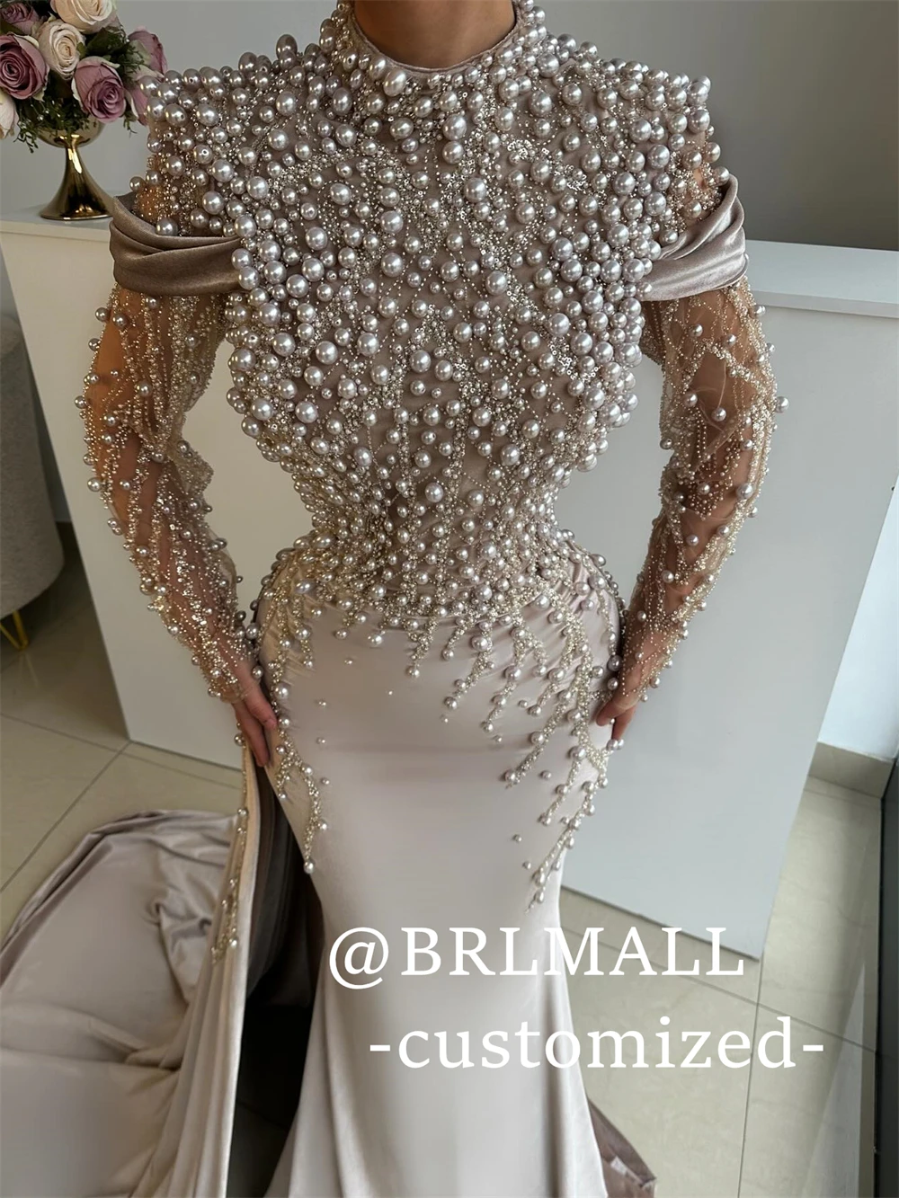 BRLMALL High Neck Long Evening Dress with Pearls - Full Illusion Sleeves Satin Prom Dresses - Customized Women's Formal Gown
BRLMALL High Neck Long Evening Dress with Pearls - Full Illusion Sleeves Satin Prom Dresses - Customized Women's Formal Gown