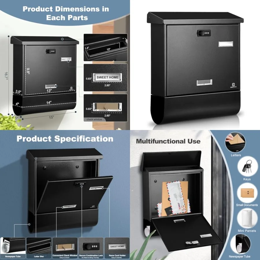 Wall-Mounted Mailbox with Combination Lock, Newspaper Holder, Large Capacity, Waterproof Post Box with Newspaper Compartment, M
Wall-Mounted Mailbox with Combination Lock, Newspaper Holder, Large Capacity, Waterproof Post Box with Newspaper Compartment, M