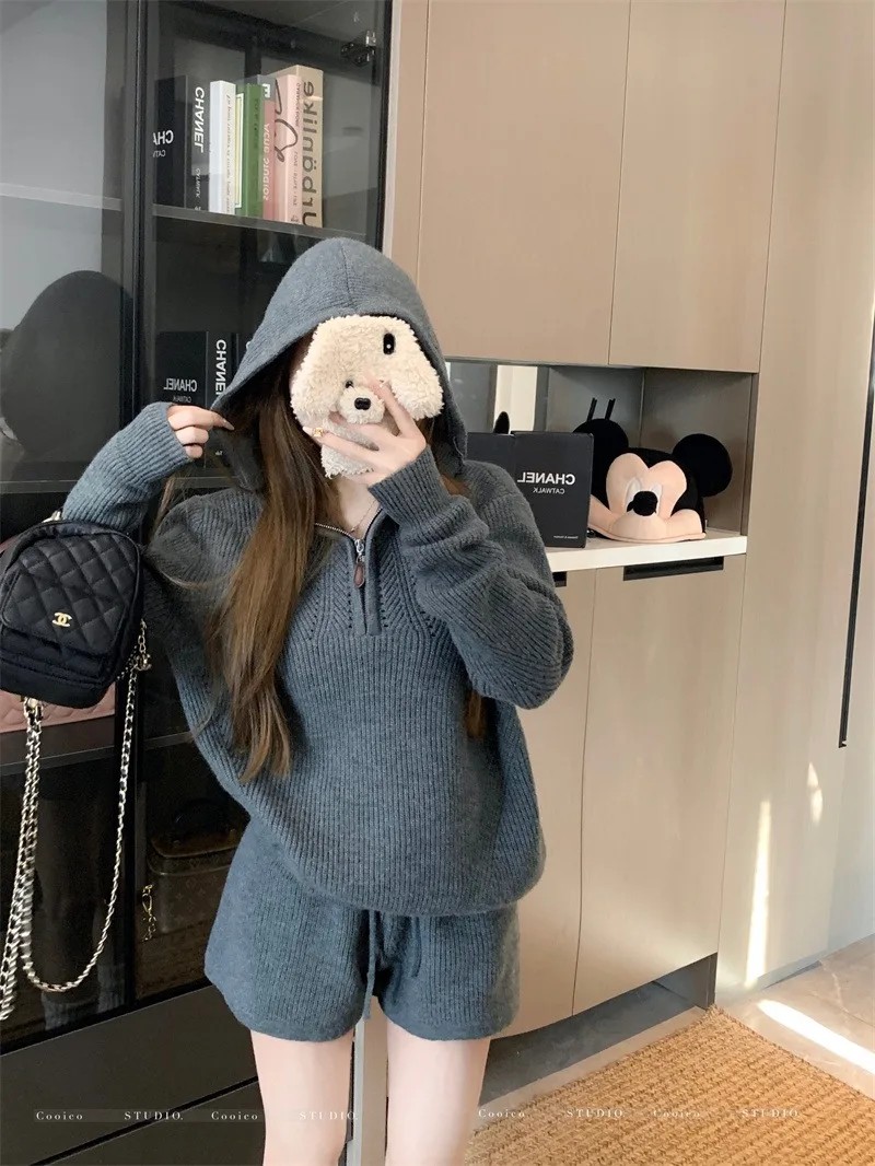 Casual Knitted Suit Women's Spring and Autumn Hooded Sweater High-waisted Shorts Two-piece Set Fashion Female Clothes
Casual Knitted Suit Women's Spring and Autumn Hooded Sweater High-waisted Shorts Two-piece Set Fashion Female Clothes