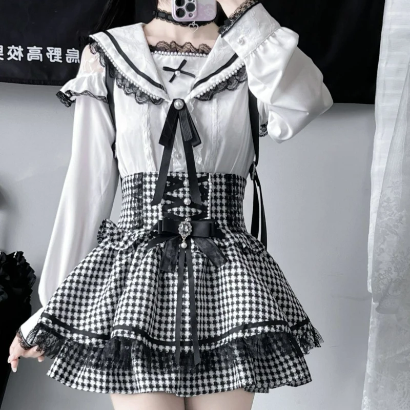 Japanese Gothic Y2k Lolita Style Shirt Women Kawaii Lace Ruffles Sailor Collar Bow Slim Blouse Top 2025 New Fashion Blusas Femme
Japanese Gothic Y2k Lolita Style Shirt Women Kawaii Lace Ruffles Sailor Collar Bow Slim Blouse Top 2025 New Fashion Blusas Femme