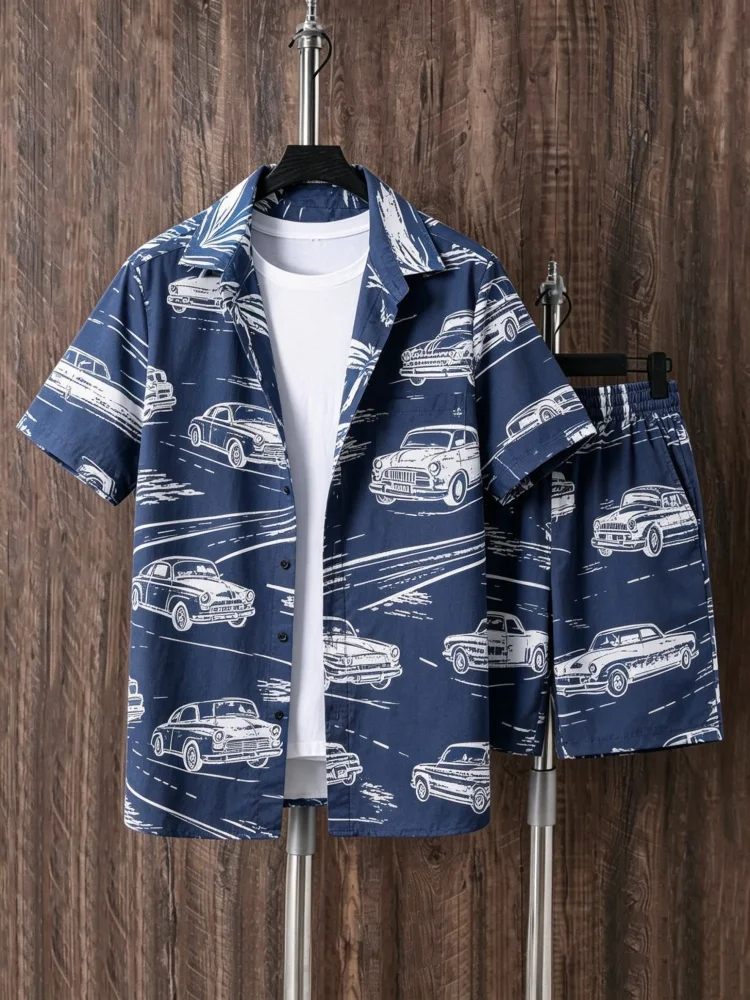 Men's Short Sleeve Shirt & Shorts Set, Loose Comfort Navy Vintage Car Print Casual Summer Outfit
Men's Short Sleeve Shirt & Shorts Set, Loose Comfort Navy Vintage Car Print Casual Summer Outfit