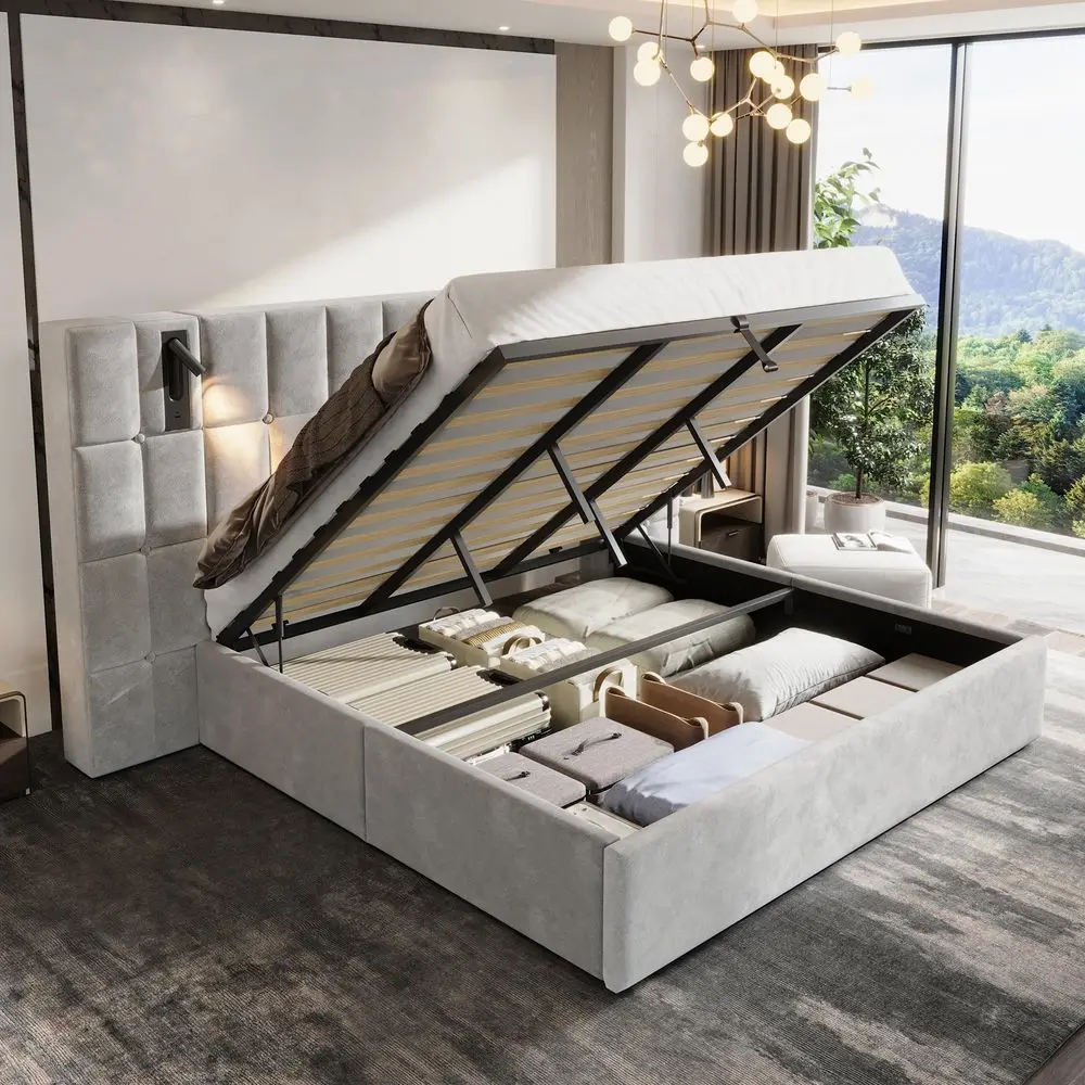 Queen Size holstered Bed Frame with Widened Headboard,Lift Storage Bed and Builtin Reading Light, Velvet Platform Frame, No
Queen Size holstered Bed Frame with Widened Headboard,Lift Storage Bed and Builtin Reading Light, Velvet Platform Frame, No