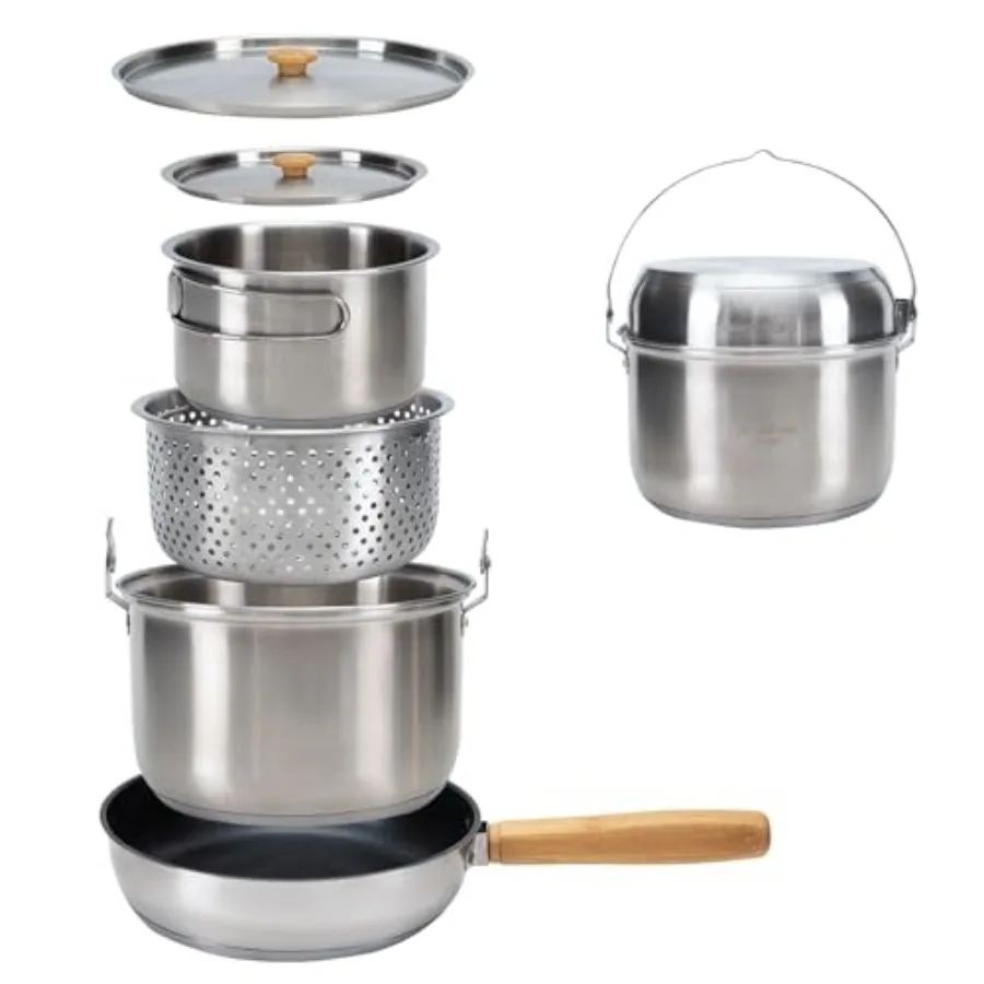 Camping Cookware Set 304 Stainless Steel Campfire Cooking Pots Pan and Kettle with Travel Tote Bag for Camping Outdoor Kitchen
Camping Cookware Set 304 Stainless Steel Campfire Cooking Pots Pan and Kettle with Travel Tote Bag for Camping Outdoor Kitchen